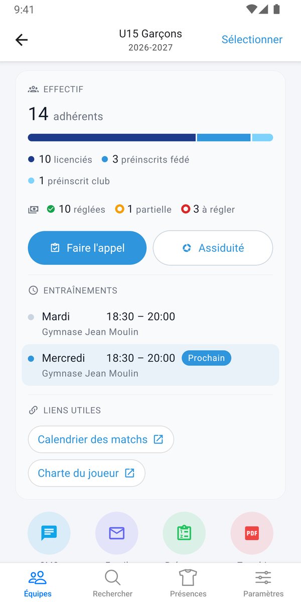 Fiche d'une équipe : effectif par statut de licence, cotisations réglées ou à régler, créneaux d'entraînement et liens utiles