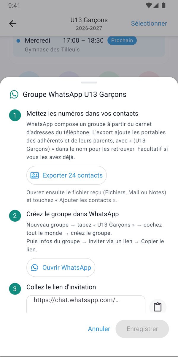 Création du groupe WhatsApp de l'équipe en trois étapes guidées : exporter les contacts, créer le groupe, coller le lien